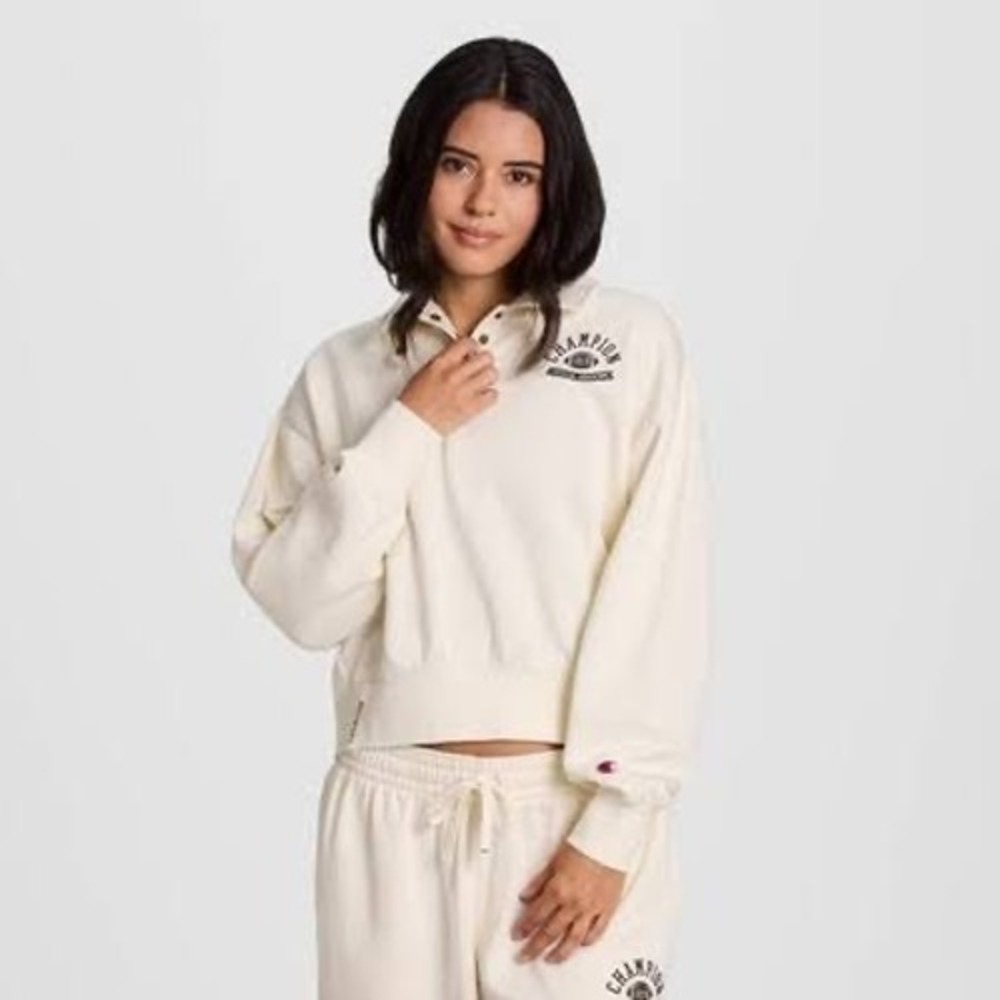 Champion Rec Center 1/4 Snap Crop Pullover Unbleached Cotton Fleece Sweatshirt M